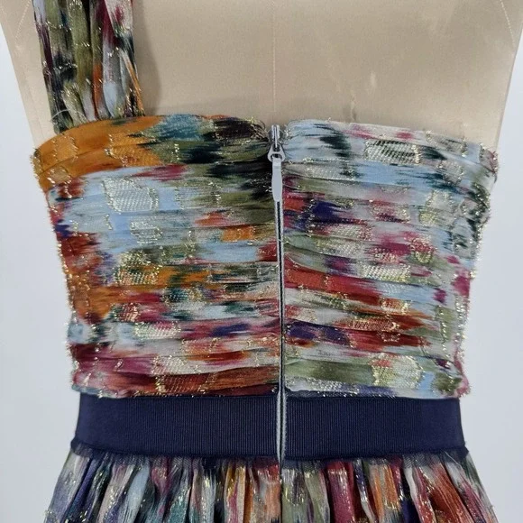 BCBGMAXAZRIA Inga Silk Metallic Dress One Shoulder Watercolor Pleated Size 2 - Picture 6 of 8